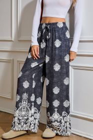 Black Bohemian Print Drawstring Waist Wide Leg Pants (size: (US 16-18)XL)