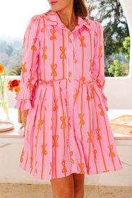 Pink Bowknot Striped Ruffle Mini Shirt Dress (size: (US 16-18)XL)
