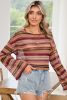 Rose Red Ethnic Striped Cropped Long Sleeve Top