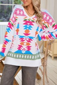 White Oversized Geometric Print High Low V Neck Sweater (size: (US 16-18)XL)