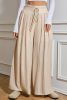 Beige Casual Lace-up Waist Pleated Wide Leg Pants