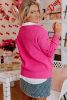 Rose Red Heart Pattern Drop Shoulder Round Neck Sweater