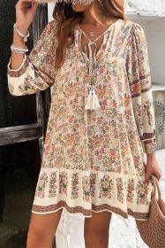 Apricot Floral Print Tassel Drawstring V Neck Loose Mini Dress (size: (US 16-18)XL)