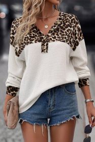 White Leopard Waffle Knit Patchwork Button V Neck Top (size: (US 16-18)XL)
