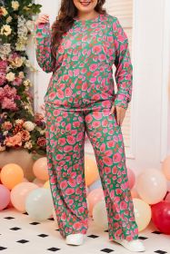 Green Plus Size Leopard Long Sleeve and Pants Loungewear Set (size: (US 26W-28W)4X)