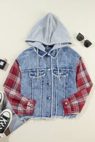 Beau Blue Plaid Print Patchwork Hooded Raw Hem Denim Jacket (size: (US 16-18)XL)