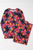 Black Plus Size Floral Printed Long Sleeve and Pants Loungewear Set