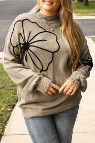 Dark Khaki Plus Size Flower Pattern High Neck Drop Shoulder Sweater (size: (US 26W-28W)4X)