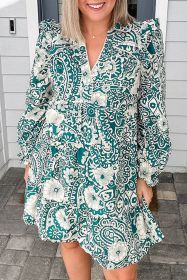 Green Boho Floral Puff Sleeve Split Neck Plus Size Dress (size: (US 26W-28W)4X)