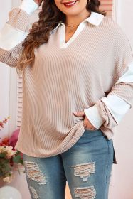 Parchment V Neck Ribbed Patchwork Long Sleeve Slit Plus Top (size: (US 26W-28W)4X)