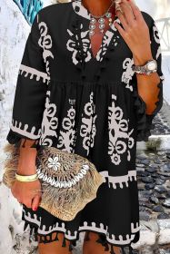 Black Ethnic Print Fringe Hem Plus Size Dress (size: (US 26W-28W)4X)