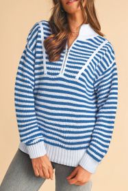 Sky Blue Stripe Zip up Collar Drop Sleeve Sweater (size: (US 16-18)XL)