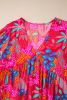 Rose Tropical Print Lantern Sleeve V Neck Ruffle Plus Size Mini Dress