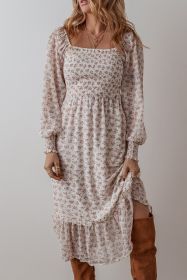White Floral Print Shirred Ruffled Hem Square Neck Midi Dress (size: (US 16-18)XL)