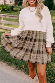 Beige Plaid Patchwork High Waist Sweatshirt Mini Dress (size: (US 16-18)XL)