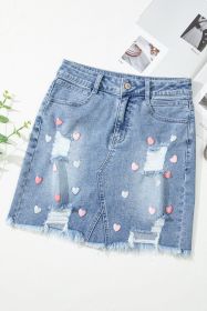 Beau Blue Shimmer Heart Pattern Distressed Denim Mini Skirt (size: (US 16-18)XL)