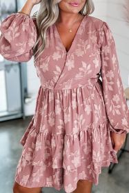 Peach Blossom Floral Surplice V Neck Tiered Ruffle Plus Size Dress (size: (US 26W-28W)4X)