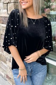 Black Pearl Beaded Half Sleeve Velvet Top (size: (US 4-6)S)