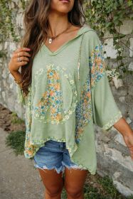 Clearly Aqua Floral Patchwork V Neck Batwing Sleeve Ribbed Top (size: (US 16-18)XL)