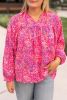 Purple Abstract Print Puff Sleeve V Neck Plus Size Blouse