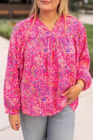 Purple Abstract Print Puff Sleeve V Neck Plus Size Blouse (size: (US 26W-28W)4X)