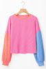 Rose Red Corded Colorblock Patchwork Long Sleeve Top