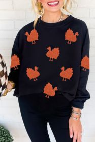Black Glittering Turkey Graphic Drop Shoulder Thanksgiving Sweatshirt (size: (US 8-10)M)