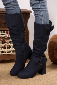 Navy Blue Suede Double Buckled Side Zipper Mid-calf Boots (size: (US 8)39)