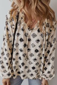 White Flower Print Split Neck Bubble Sleeve Loose Blouse (size: (US 12-14)L)
