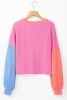 Rose Red Corded Colorblock Patchwork Long Sleeve Top