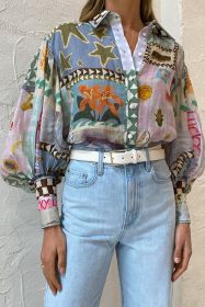 Multicolour Printed Long Sleeve Collar Blouse (size: (US 4-6)S)