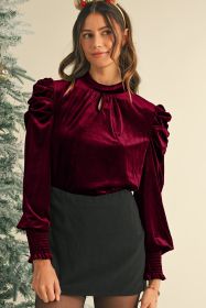 Red Mock Keyhole Neck Puff Sleeve Velvet Blouse (size: (US 16-18)XL)