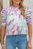 Green Abstract Print Smocked Bubble Sleeve Blouse