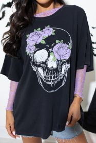 Black Floral Skull Graphic Halloween Tunic T Shirt (size: (US 4-6)S)