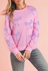 Pink Sequined Bow Graphic Round Neck Drop Sleeve Sweatshirt (size: (US 4-6)S)