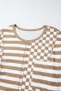 Khaki Checkered Striped Patchwork Lantern Sleeve Top