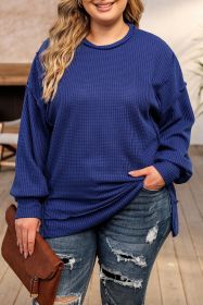 Dark Blue Waffle Knit Exposed Seam Patchwork Plus Size Top (size: (US 22-24)3X)
