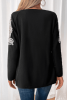 Black Lace Applique Zipper V Neck Long Sleeve Top