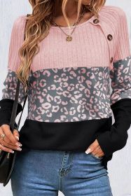 Pink Leopard Textured Patchwork Button Decor Round Neck Top (size: (US 4-6)S)