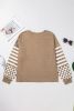 Khaki Checkered Striped Patchwork Lantern Sleeve Top