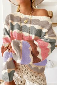 Gray Wave Striped Balloon Sleeve Drop Shoulder Sweater (size: (US 4-6)S)