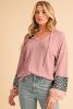 Dusty Pink Floral Patchwork Textured Drawstring V Neck Top