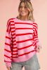 Pink Striped Crewneck Drop Sleeve Knit Sweater