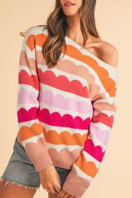 Rose Red Wave Striped Balloon Sleeve Drop Shoulder Sweater (size: (US 16-18)XL)