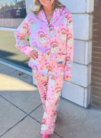 Pink Santa Claus Snowflake Long Sleeve Shirt Christmas Pajama Set (size: (US 16-18)XL)