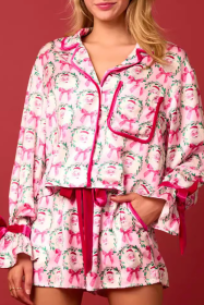 Rose Red Santa Claus Velvet Bow Long Sleeve Satin Loungewear Set (size: (US 16-18)XL)