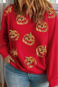 Racing Red Sequin Pumpkin Face Graphic Plus Size Halloween Sweatshirt (size: (US 22W-24W)3X)