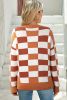 Orange Checkered Crew Neck Drop Shoulder Knit Sweater