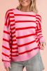 Pink Striped Crewneck Drop Sleeve Knit Sweater