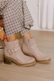 Beige Ring Linked Zipper Chunky Heel Ankle Boots (size: (US 8)39)